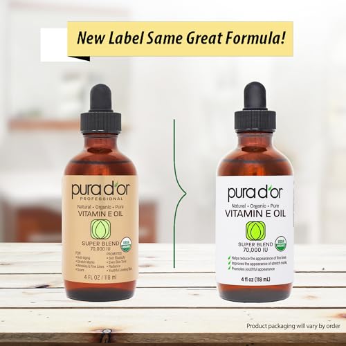 PURA D'OR 100% Natural Hexane Free Organic Vitamin E Oil 4 Oz Bath Oil For Skin, Face & Full Body USDA Organic Scars Rel