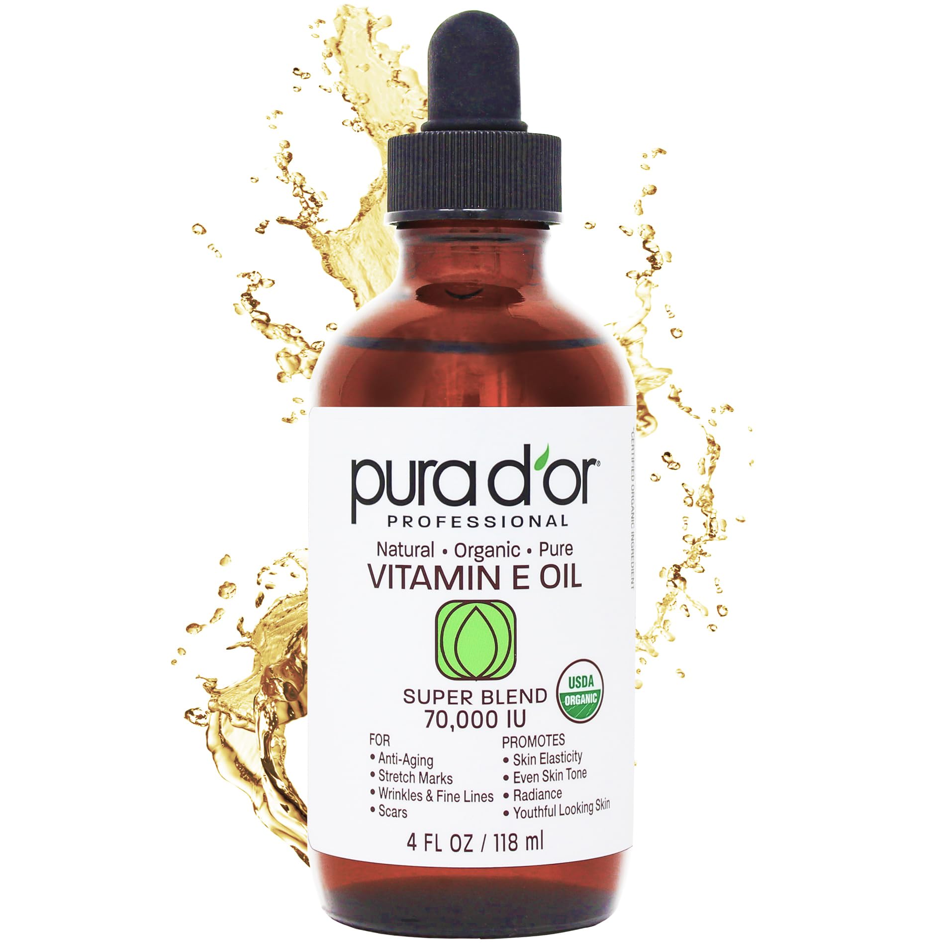 PURA D'OR 100% Natural Hexane Free Organic Vitamin E Oil 4 Oz Bath Oil For Skin, Face & Full Body USDA Organic Scars Rel