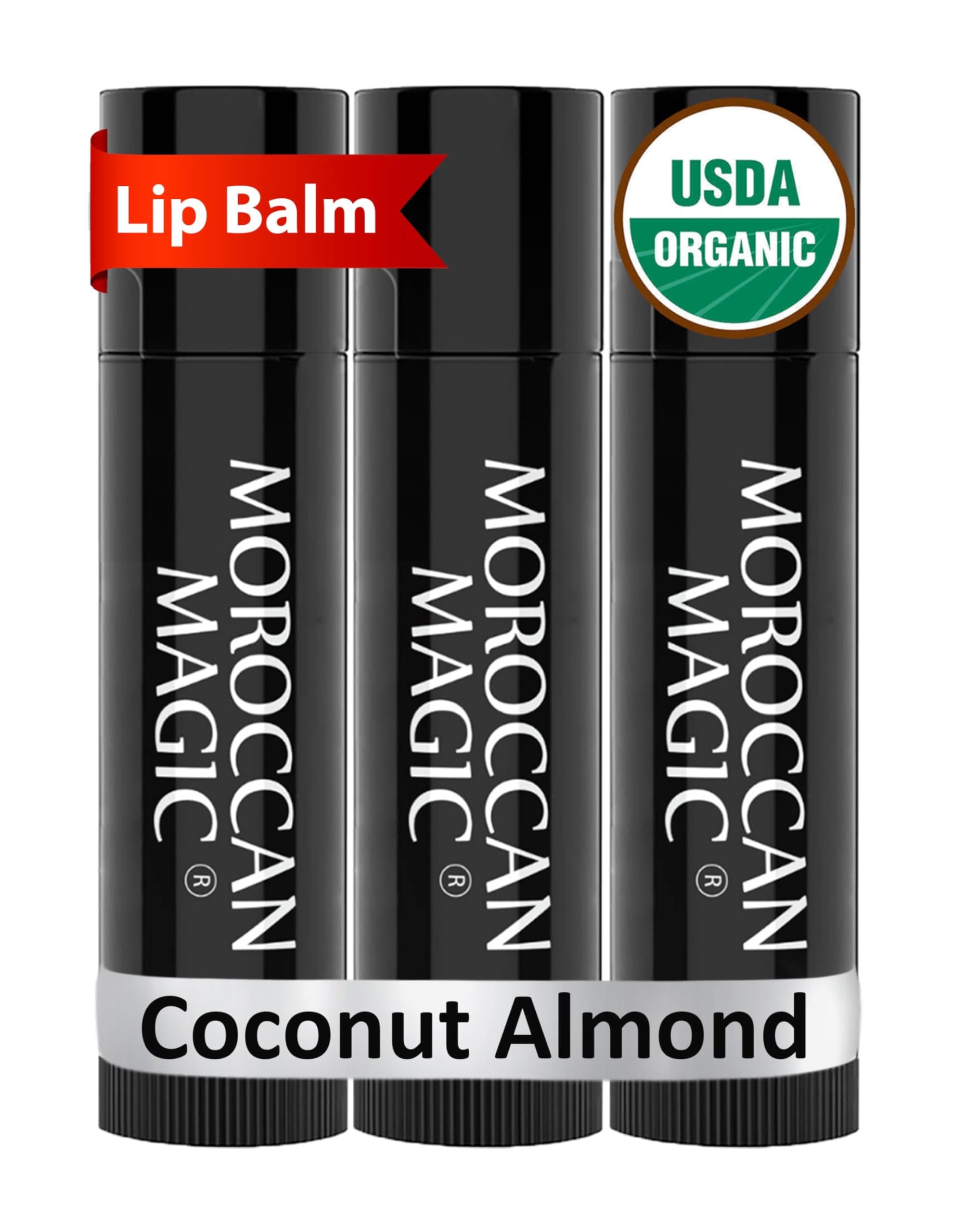 Moroccan Magic Organic Coconut Almond Lip Balm 3 Pack | Dry Lips Chapstick | Argan & Essential Oils Moisturizer + Vitami